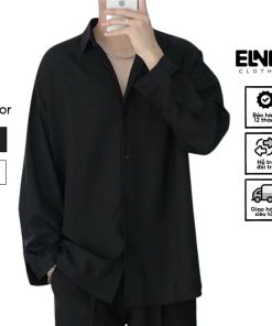 Áo sơ mi nam nữ dài tay Unisex Basic màu trắng và đen sơ mi lụa mịn mát form rộng suông ELNIDO-ED03-thoitrangcenter