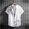Mới Nam Retro Đứng Cổ Tay Ngắn Nút Cotton Màu Trơn Áo Sơ Mi Họa Tiết Hoa Plus Kích Thước-thoitrangcenter