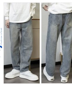 Quần Jean Nam Dáng Baggy Ống Suông Màu Xanh Retro Chất Vải Dày Dặn Phối Wash The Jeans-thoitrangcenter