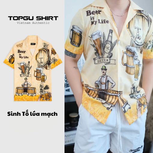 Áo sơ mi TOPGU họa tiết Sinh Tố Lúa Mạch vải lụa thoáng mát. Nam Menswear-thoitrangcenter