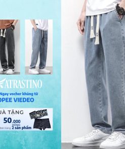 Quần jean nam baggy CẠP CHUN BẢN TO ống rộng ATRASTINO