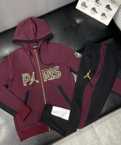 Bộ Quần Áo Hoodie Nam Paris Màu Đỏ Mận Siêu Đẹp - Bộ Quần Áo Hoodie Zip Nam Paris Logo Cao Cấp-thoitrangcenter