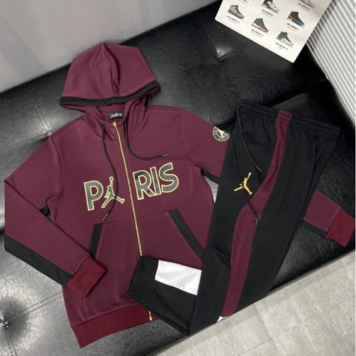 Bộ Quần Áo Hoodie Nam Paris Màu Đỏ Mận Siêu Đẹp - Bộ Quần Áo Hoodie Zip Nam Paris Logo Cao Cấp-thoitrangcenter