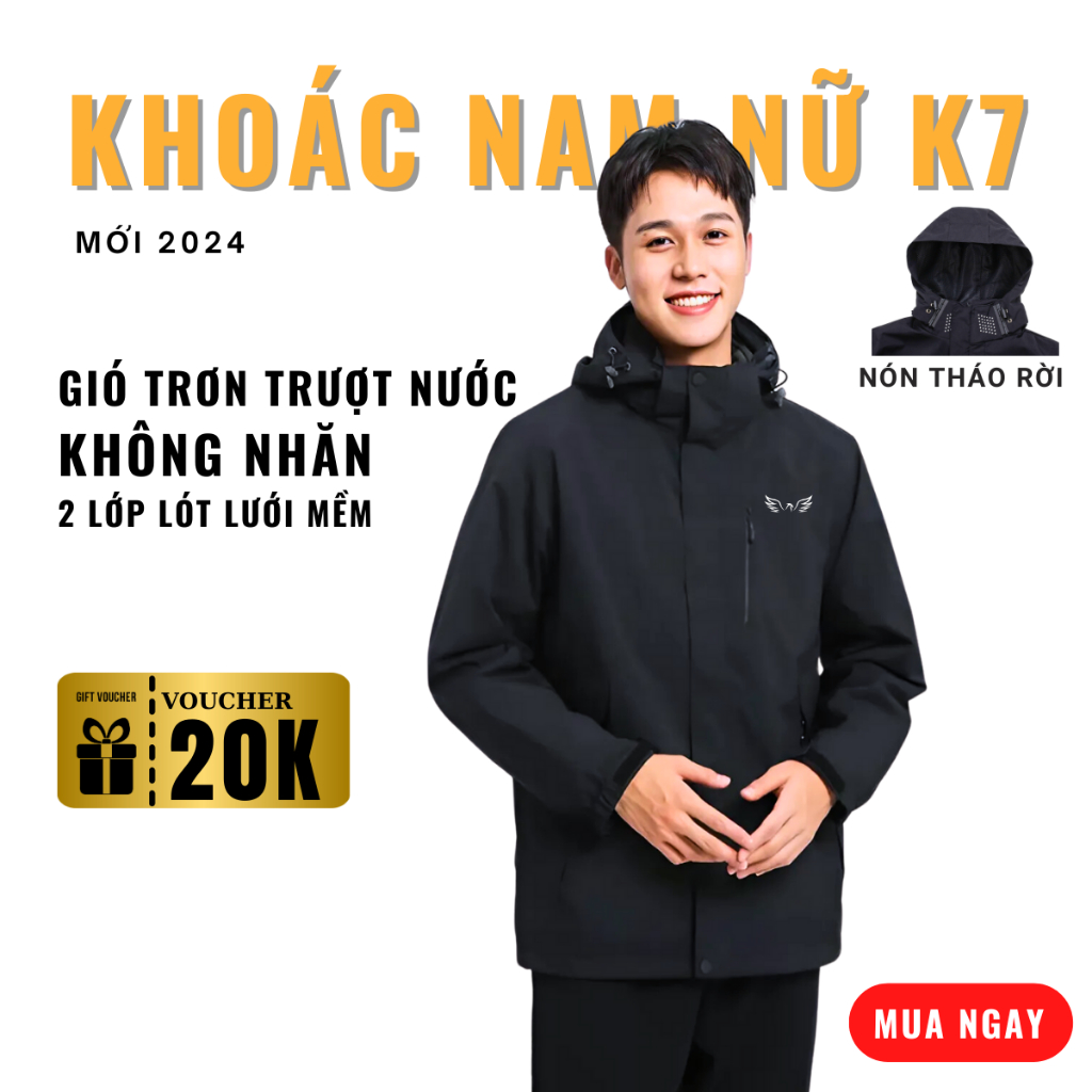 Áo Khoác Chống Nước Áo Khoác Gió Chống Thấm Nam Nữ 2 Lớp Không Nhăn K7 4 Túi 5 Khóa Vải Dù Đi Phượt-thoitrangcenter