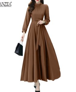 Đầm maxi ZANZEA tay dài cổ tròn có khóa kéo thời trang cho nữ-thoitrangcenter