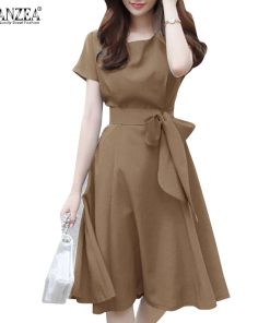 Đầm nữ Zanzea tay ngắn cổ tròn màu trơn thời trang thanh lịch-thoitrangcenter