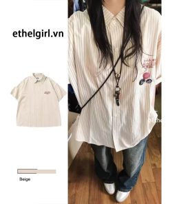 Ethelgirl Thời Trang Hàn Quốc Rời Cổ Polo Chữ Sọc Áo Sơ Mi Tay Ngắn Top Quần Áo Nữ-thoitrangcenter