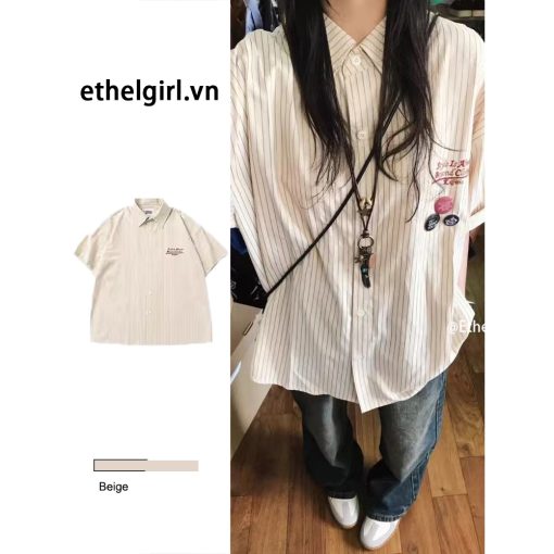 Ethelgirl Thời Trang Hàn Quốc Rời Cổ Polo Chữ Sọc Áo Sơ Mi Tay Ngắn Top Quần Áo Nữ-thoitrangcenter