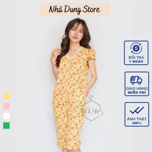 Đồ bộ nữ mặc nhà vải lụa cao cấp in họa tiết hoa nhí cổ ren dễ thương Nhã Dung Store siêu mát dưới 65kg-thoitrangcenter