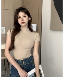 (HÀNG SẴN) Áo thun nữ cộc tay cổ lọ cao khoác ôm body style Hong Kong mùa thu mặc bên trong áo khoác (hàng loại 1)-thoitrangcenter