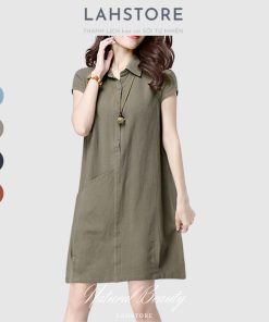 Đầm suông cổ sơ mi LAHSTORE chất đũi mềm mát thiết kế túi bên hông trẻ trung sang trọng (Xanh Rêu)-thoitrangcenter
