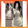 Set áo LEN GIẤY trễ vai rúm eo vạt chéo ôm body mix chân váy ngắn voan 3 tầng có lót quần Junstore-thoitrangcenter