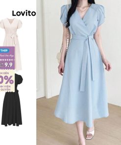 Đầm Lovito kiểu chữ A có thắt lưng màu trơn thường ngày cho nữ L65ED138 (Màu mơ/ xanh dương)-thoitrangcenter