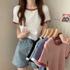 Mùa hè phiên bản Hàn Quốc mới tương phản màu cổ tròn áo phông tay ngắn áo lót nữ sửa thân áo ngắn-thoitrangcenter