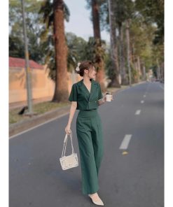 set 2 món quần dài ống rộng kèm áo kiểu nữ croptop xinh xắn cụt tay khuy gài-thoitrangcenter