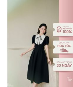 Váy công sở nữ cổ đức phối màu thiết kế thắt nơ dáng dài tiểu thư thanh lịch TIINSTORE VHN1132-thoitrangcenter