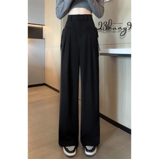 quần ống suông nữ lưng cao túi trước dây thắt nơ 2 bên vải Ruby dày dặn dáng culottes 100cm 23thang9-thoitrangcenter