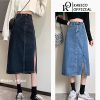 Chân Váy Jeans Nữ Dáng Dài KABICO Cạp Cao Xẻ Tà