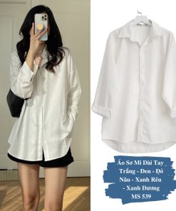 Áo Sơ Mi Nữ Form Rộng Dài Tay Cotton Lụa Hàn Unisex Màu Trắng Đen Đi Học