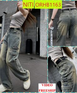 [ORHB1163]QUẦN JEANS ỐNG RỘNG NỮ LƯNG CAO KHÓA KÉO KÈM NẮP HÔNG MÀU XANH ĐẬM PHỦ ÁNH VÀNG LAI TUA SIÊU CÁ TÍNH HOT HIT-thoitrangcenter