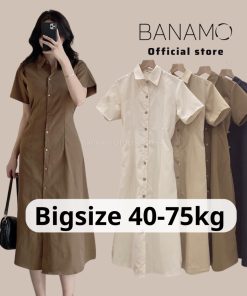 Đầm váy nữ Banamo Fashion váy sơ mi cộc tay chun eo dáng dài có bigsize 5915-thoitrangcenter