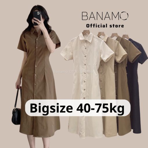 Đầm váy nữ Banamo Fashion váy sơ mi cộc tay chun eo dáng dài có bigsize 5915-thoitrangcenter