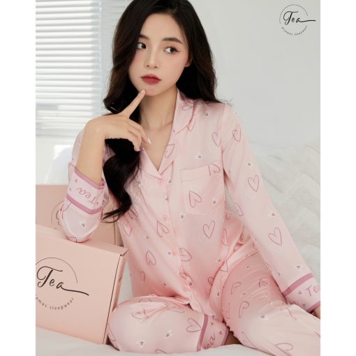 Bộ mặc nhà pyjama lụa cao cấp Tea Store tay dài quần dài họa tiết tim tea hồng-thoitrangcenter