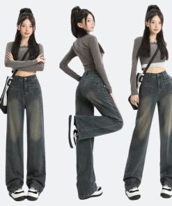 Quần jean bò ống rộng suông xuông nữ jeans cạp cao phong cách Hàn Quốc sành điệu style năm 2022-thoitrangcenter