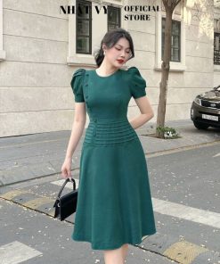 Đầm dự tiệc Nhật Vy đính cúc bọc dập ly dáng xoè chất lụa phù hợp công sở đi chơi sang trọng - D2820-thoitrangcenter