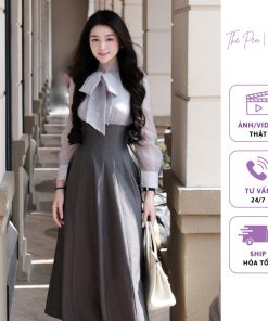 Đầm Dự Tiệc Dáng Dài Màu Ghi Tây THE PEA Thiết Kế Thắt Nơ Đính Đá Thủ Công MONIE DRESS-thoitrangcenter