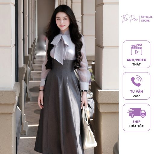 Đầm Dự Tiệc Dáng Dài Màu Ghi Tây THE PEA Thiết Kế Thắt Nơ Đính Đá Thủ Công MONIE DRESS-thoitrangcenter