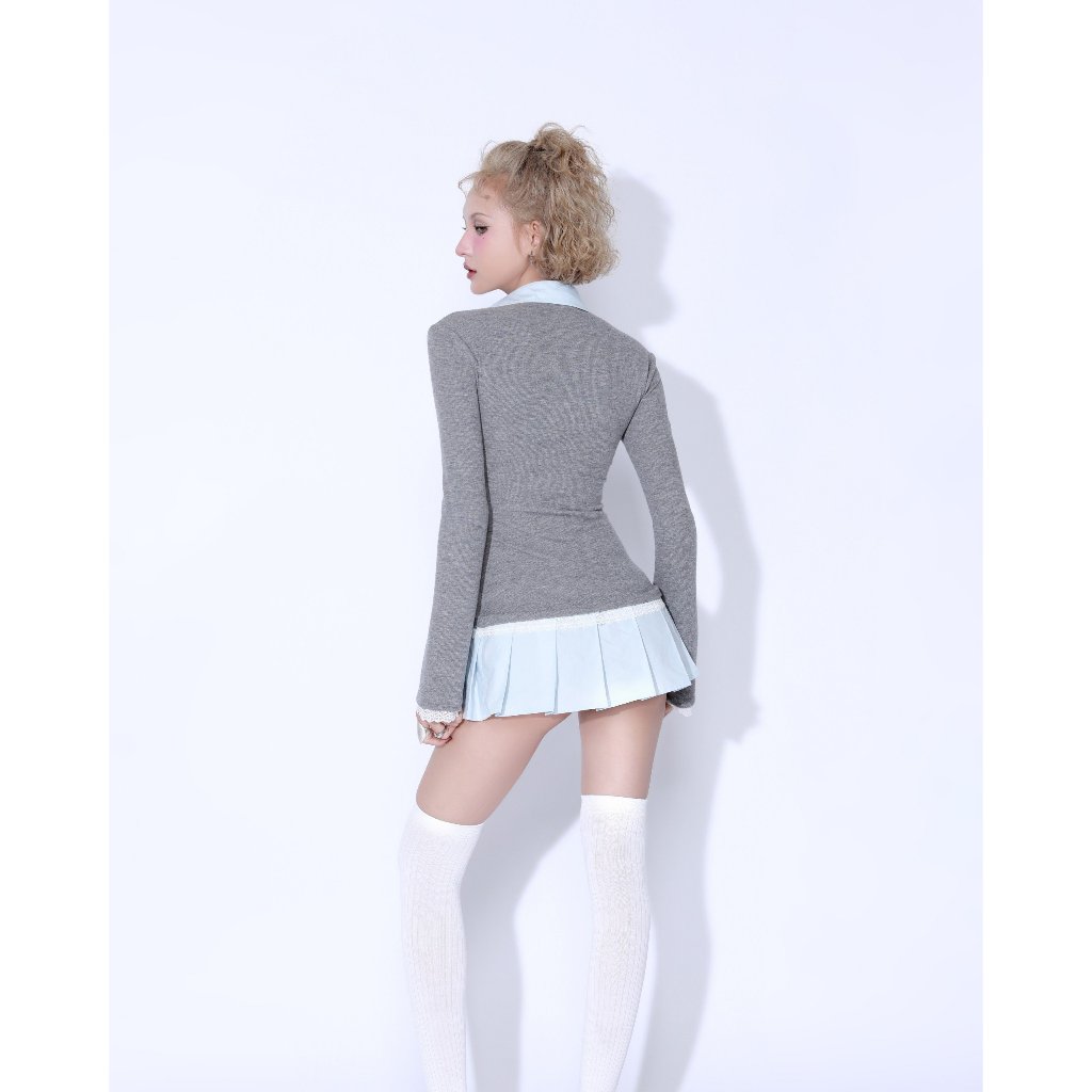 SODOPE CLUB - Đầm thun xám sơ mi xanh ngắn phối ren-thoitrangcenter - Ảnh 2