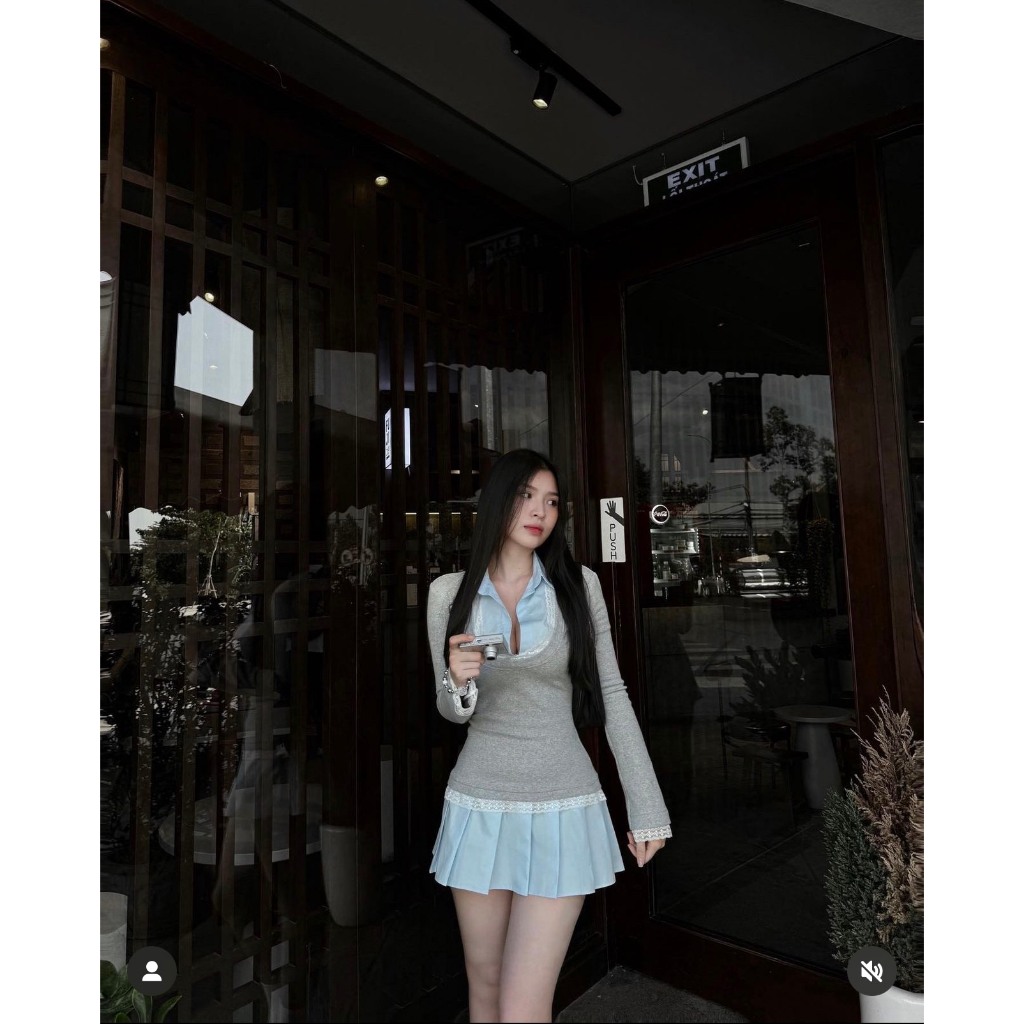 SODOPE CLUB - Đầm thun xám sơ mi xanh ngắn phối ren-thoitrangcenter - Ảnh 4