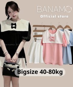 Set nữ BIGSIZE Banamo Fashion bộ đồ nữ áo ngắn tay phối cố thủy thủ đính nơ nổi mix chân váy xếp ly 1916-thoitrangcenter