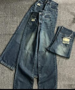 Quần Jeans Suông Ống Rộng Cạp Cao Túi Rách Cá Tính-thoitrangcenter