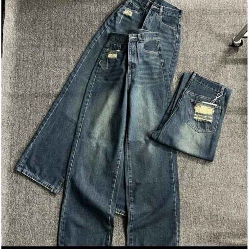 Quần Jeans Suông Ống Rộng Cạp Cao Túi Rách Cá Tính-thoitrangcenter