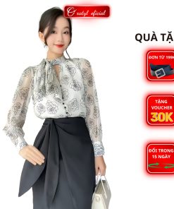 Áo sơ mi nữ kiểu đẹp cổ áo tròn thắt nơ họa tiết hoa hồng vải 2 lớp A211-thoitrangcenter