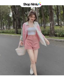 Sét bộ 3 món thời trang nữ mặc đi chơi chất cotton lạnh áo sơ mi phối hồng mix quần đùi kèm lót cotton mỏng nhẹ-thoitrangcenter