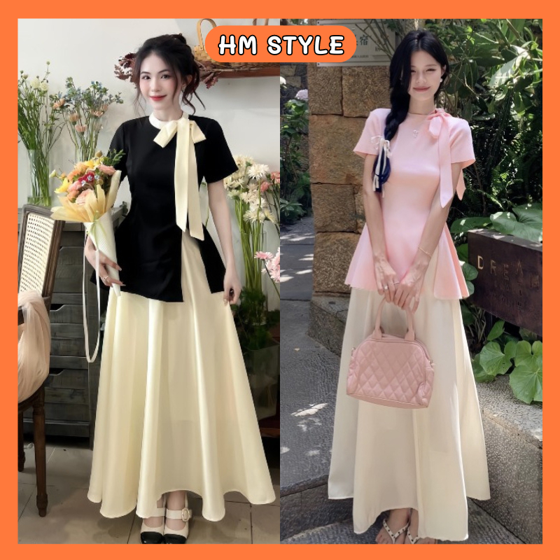 Set áo thun tăm xẻ tà kèm dây nơ + chân váy voan dáng dài 2 lớp