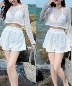 Set đồ nữ áo croptop len ren dài tay kèm bra cổ yếm phối quần short với tone màu trắng sáng da dành cho các nàng yêu-thoitrangcenter