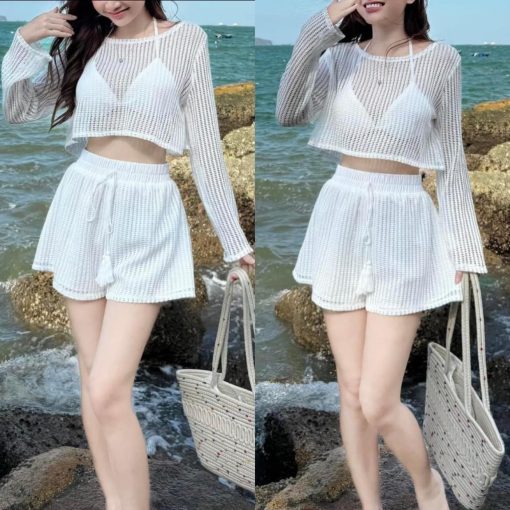 Set đồ nữ áo croptop len ren dài tay kèm bra cổ yếm phối quần short với tone màu trắng sáng da dành cho các nàng yêu-thoitrangcenter