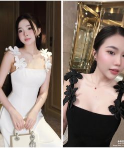 Váy hai dây hoa to váy nữ dự tiệc váy dài váy tiểu thư váy đen váy trắng hàng loại 1 chất đẹp chuẩn mẫu shop HN DESIGN-thoitrangcenter