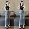 Set đồ nữ áo tăm 2 dây cổ tròn phối chân váy jeans xòe dáng dài dành cho các nàng diện đi chơi