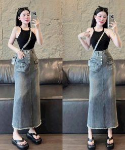 Set đồ nữ áo tăm 2 dây cổ tròn phối chân váy jeans xòe dáng dài dành cho các nàng diện đi chơi