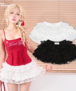 Chân váy ngắn nữ nhún bèo nhiều tầng vải kate phối ren hoạ tiết thêu hoa MONÁ - SORA SKIRT-thoitrangcenter