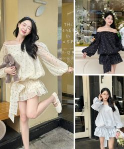 [TAẶNG QUẦN] Bloom Dress Váy trễ vai dáng bí tay bồng dài bo chun hông Đầm thiết kế dự tiệc dây nơ eo-thoitrangcenter