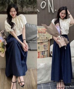 Váy Dự Tiệc - Set Váy Nữ Áo Nude Có Nơ Mix Chân Váy Midi Siêu Xinh Sang Luôn Xưởng May Bảo Ngọc-thoitrangcenter