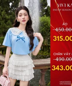 VIVI KA - Áo thun cổ bèo ren nơ đỏ + quần váy ren xếp tầng - VKAO00512 VKQS00413-thoitrangcenter