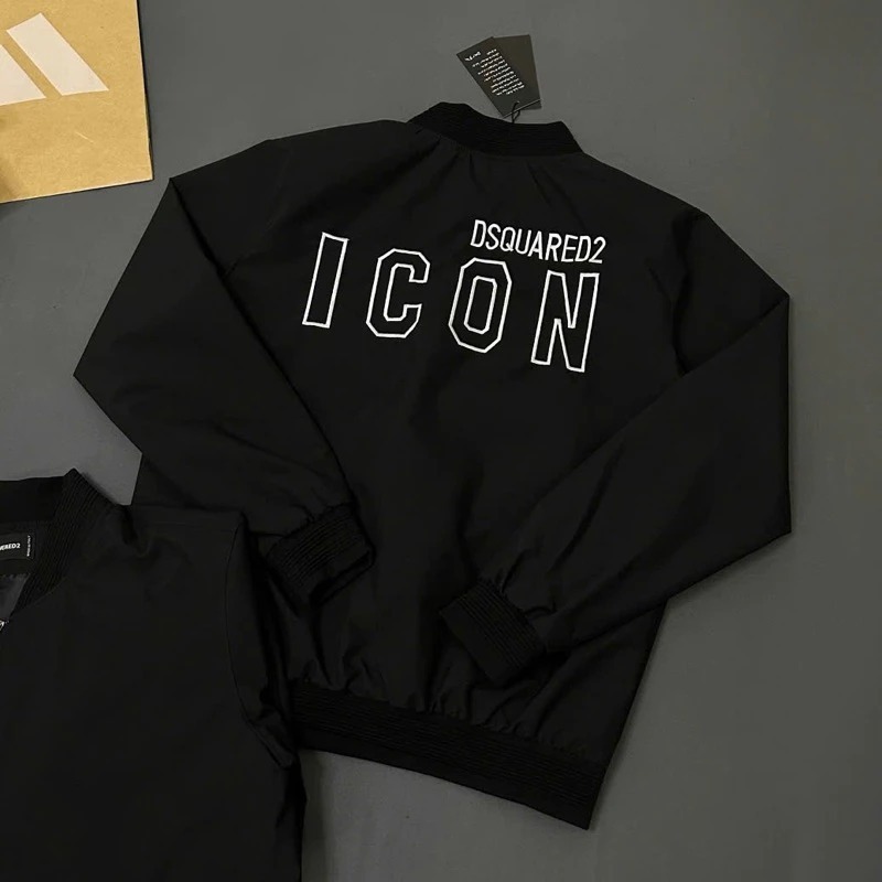 Áo khoác gió bomber DSQ nam nữ thân trơn phối thêu chữ ICON viền trắng sau lưng bo ống sọc gân