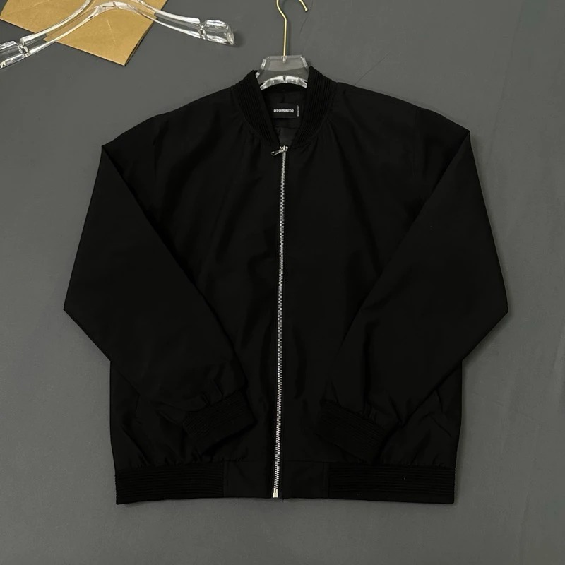 Áo khoác bomber gió nam nữ DSQ đen thân trơn khoá zip bạc ống bo sọc gân lót 2 lớp đơn giản basic
